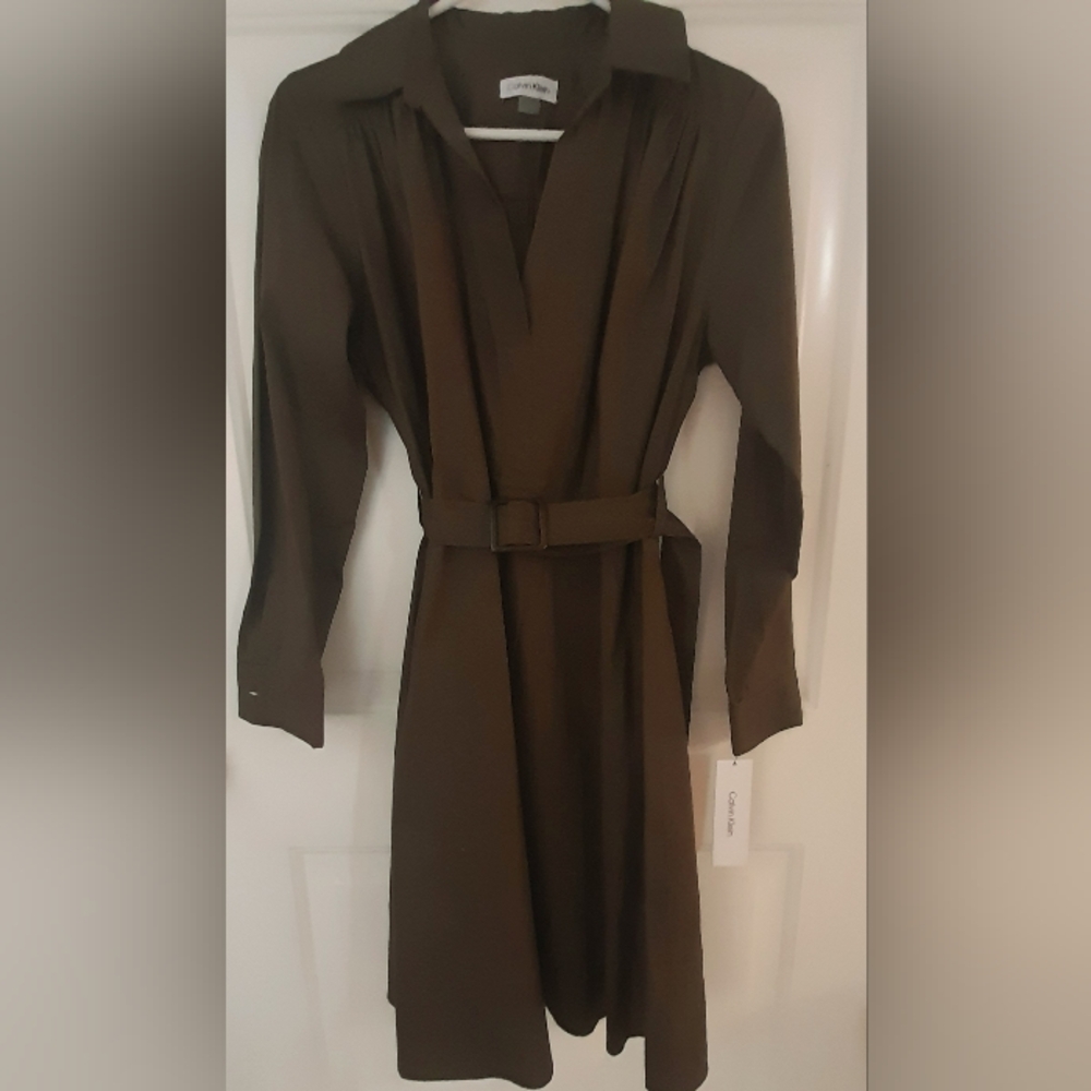 Calvin Klein Olive Green Belted Long-Sleeve Shirt Dress
